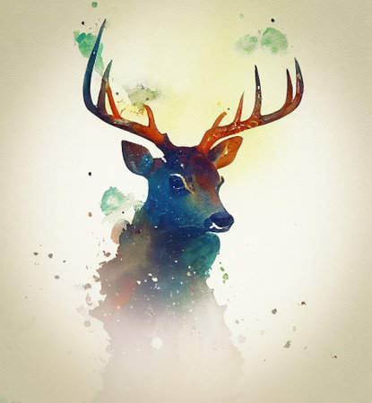 illustration of watercolor deer, abstract color background, eye contact. Digital art.の写真素材