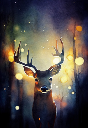 illustration of watercolor deer, abstract color background, eye contact. Digital art.の写真素材