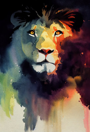 illustration of watercolor lion, abstract color background, eye contact. Digital art.の写真素材