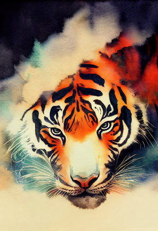 illustration of watercolor tiger, abstract color background, eye contact. Digital art.の写真素材