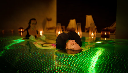 Therapeutic exercise in the pool. Woman receiving an aquatic therapy in the pool. Water relaxation and deep meditation.の写真素材