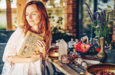 Woman holds ornamental book and Egyptian anch. Table with rose flower and essential oil. Spa and aromatherapy.の写真素材
