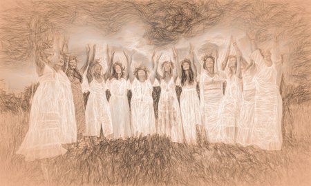 Women in flower wreath on sunny meadow, Floral crown, symbol of summer solstice and drawing effect.