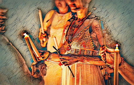 Women at the night ceremony. Ceremony space. Painting effect.