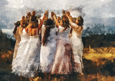 Women in flower wreath on sunny meadow, Floral crown, symbol of summer solstice. Painting effect.の写真素材