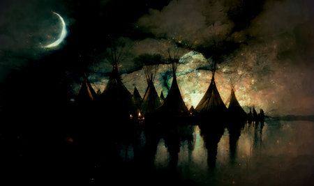 teepee indian tent standing in beautiful night landscape. Digital art.の写真素材