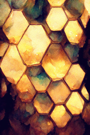 Beautiful golden hexagonal honeycomb background. Digital art.の写真素材