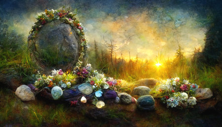 Detail mountain meadow full of flowers and flower wreath. Digital art.の写真素材