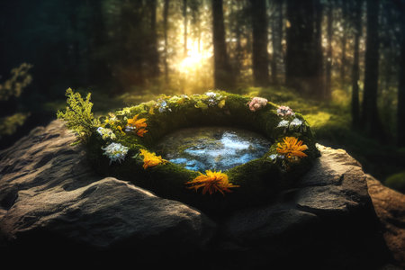 Detail mountain meadow full of flowers and flower wreath. Digital art.の写真素材