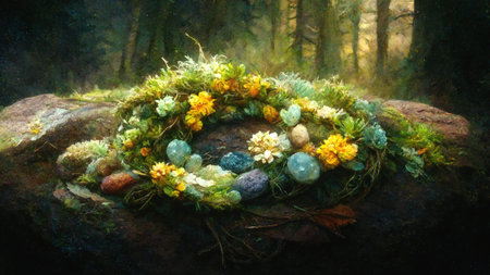 Detail mountain meadow full of flowers and flower wreath. Digital art.の写真素材