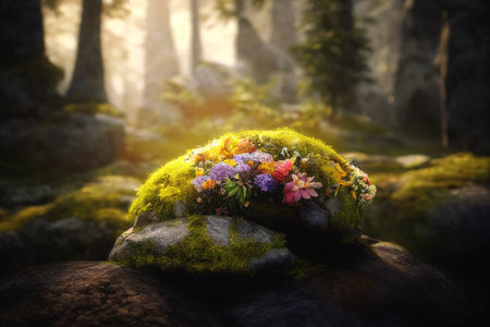 Detail of rocks with flowers and moss in the forest. Digital art.の写真素材