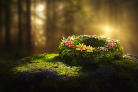 Detail mountain meadow full of flowers and flower wreath. Digital art.の写真素材
