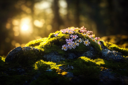 Detail of rocks with flowers and moss in the forest. Digital art.の素材