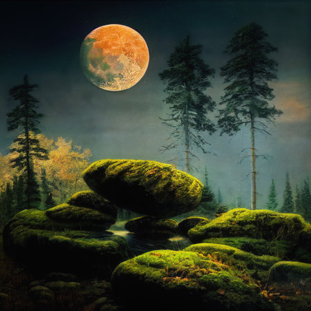 forest meadow with rocks covered with moss in the moonlight. Digital art.の素材