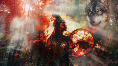 beautiful shamanic girl playing on shaman frame drum in the nature.の写真素材