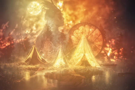 indian teepee standing in beautiful night landscape and shaman woman. Collage of digital art and real photos.の写真素材