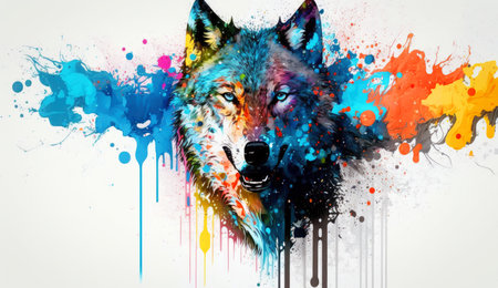 illustration of watercolor wolf, abstract color background, generative ai.の写真素材