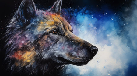 illustration of watercolor wolf in cosmic space. generative ai.