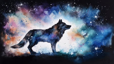 illustration of watercolor wolf in cosmic space. generative ai.の写真素材
