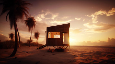 tiny house on the beach at sunset. generative aiの写真素材