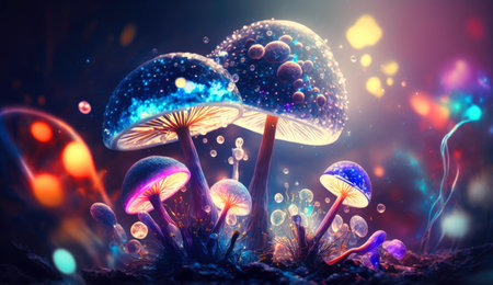 Fantasy color glowing mushrooms. generative aiの写真素材