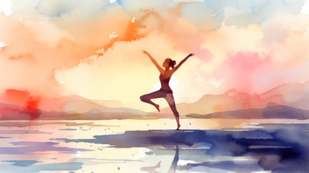Woman practicing yoga on the beach at sunset. watercolor style. generative aiの写真素材