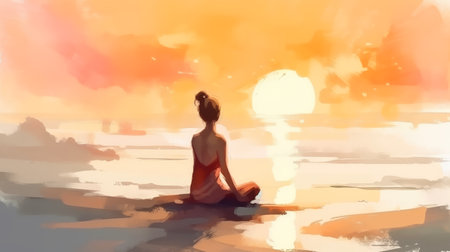 Woman practicing yoga on the beach at sunset. watercolor style. generative aiの写真素材