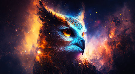 Owl in fire cosmic space. gnerative aiの写真素材