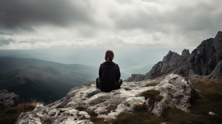 Woman practicing yoga on mountain. generative aiの素材