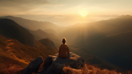 Woman practicing yoga on mountain. generative aiの素材