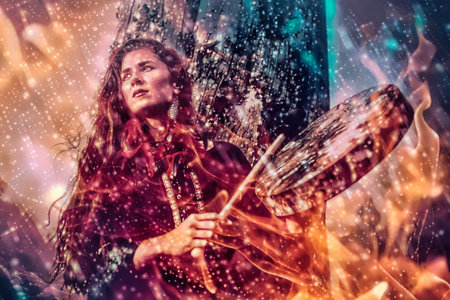 beautiful shamanic girl playing on shaman frame drum in the nature. Fire background.の写真素材