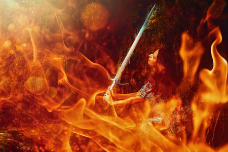 Woman with sword on a beautiful fiery backgroundの写真素材