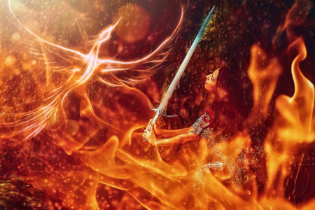 Woman with sword on a beautiful fiery background with a phoenixの写真素材