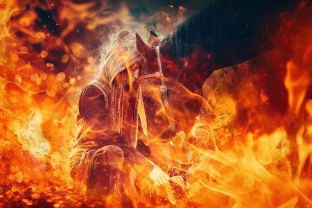 Young beautiful dreadded girl outdoors with her true horse. Fire background.
