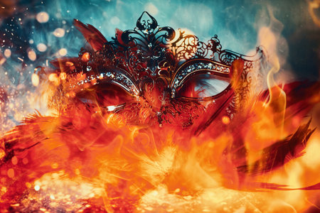 beautiful decorative Venice style mask with filigree linear ornaments, fire backgroundの写真素材