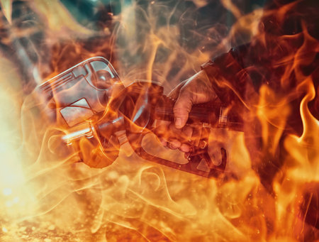 pumping gasoline fuel in a car at a gas station. Fire effect.の写真素材