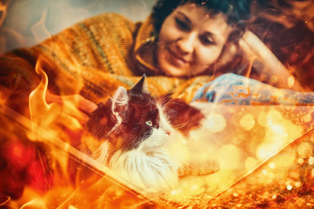 Serene woman on a bed with a black and white cat sitting on a skycar. Fire effect.の写真素材