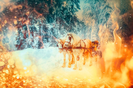two beautiful white horses in mountain winter landscape. Fire effect.の写真素材