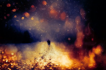 People alone in Winter blizard. Beautiful mountain snowy landscape. Fire effect.