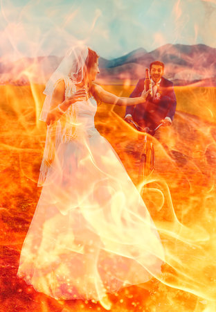 bride with a beer bottle and a groom on bicycle on the background - wedding concept. Fire effect.