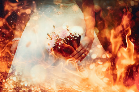 Beautiful wedding bouquet in hands of the bride. Fire effect.の写真素材