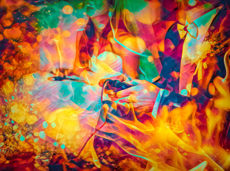 bride and groom playing together videogames with joysticks - gaming and wedding concept. Painting effect.の写真素材