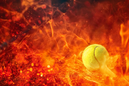 tennis court with tennis ball and antuka background. Fire effect.の写真素材