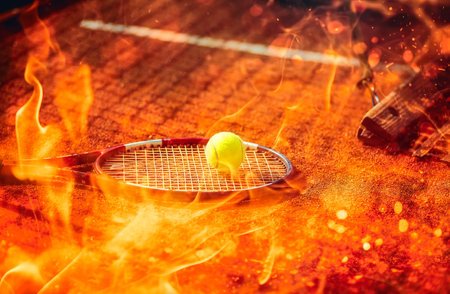 Tennis ball and racket on the court. Fire effect.の写真素材