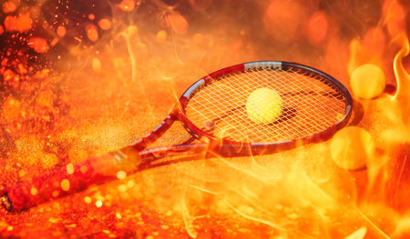 Tennis ball and racket on the court. Fire effect.の写真素材