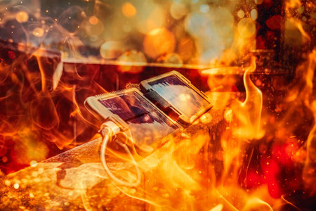 Portable solar panel charges the battery of a powerbank on fire background.の写真素材