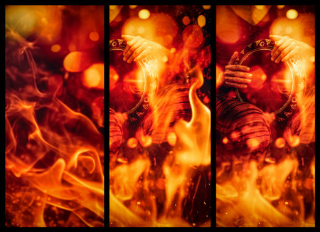 Shaman woman playing on drum on fire background.