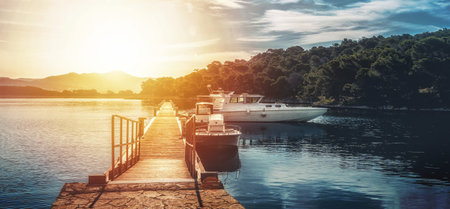yacht moored in harbor, with pier in foreground.の写真素材