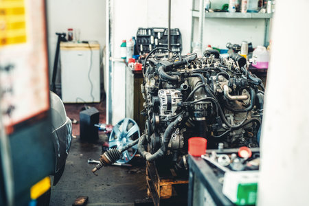 disassemble the engine from the car in the car workshop.の写真素材