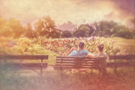 A romantic view of two people on a bench looking at the beautiful landscape. Painting effect.
